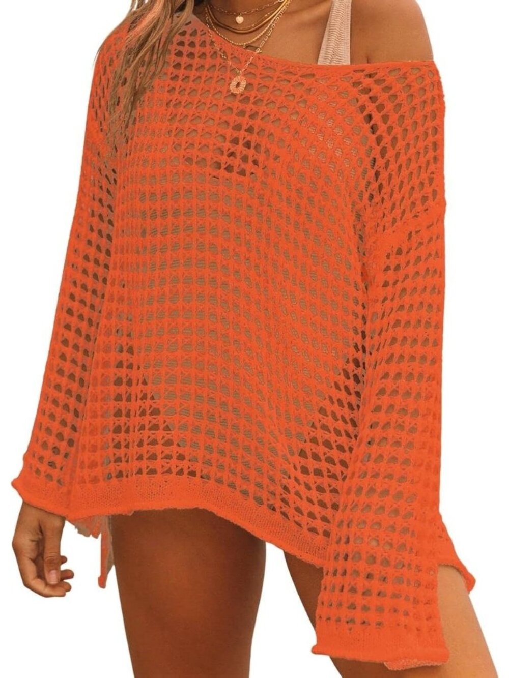 Women's Orange Hollow Out Knit Crochet Polyester Imported Swim Cover Up